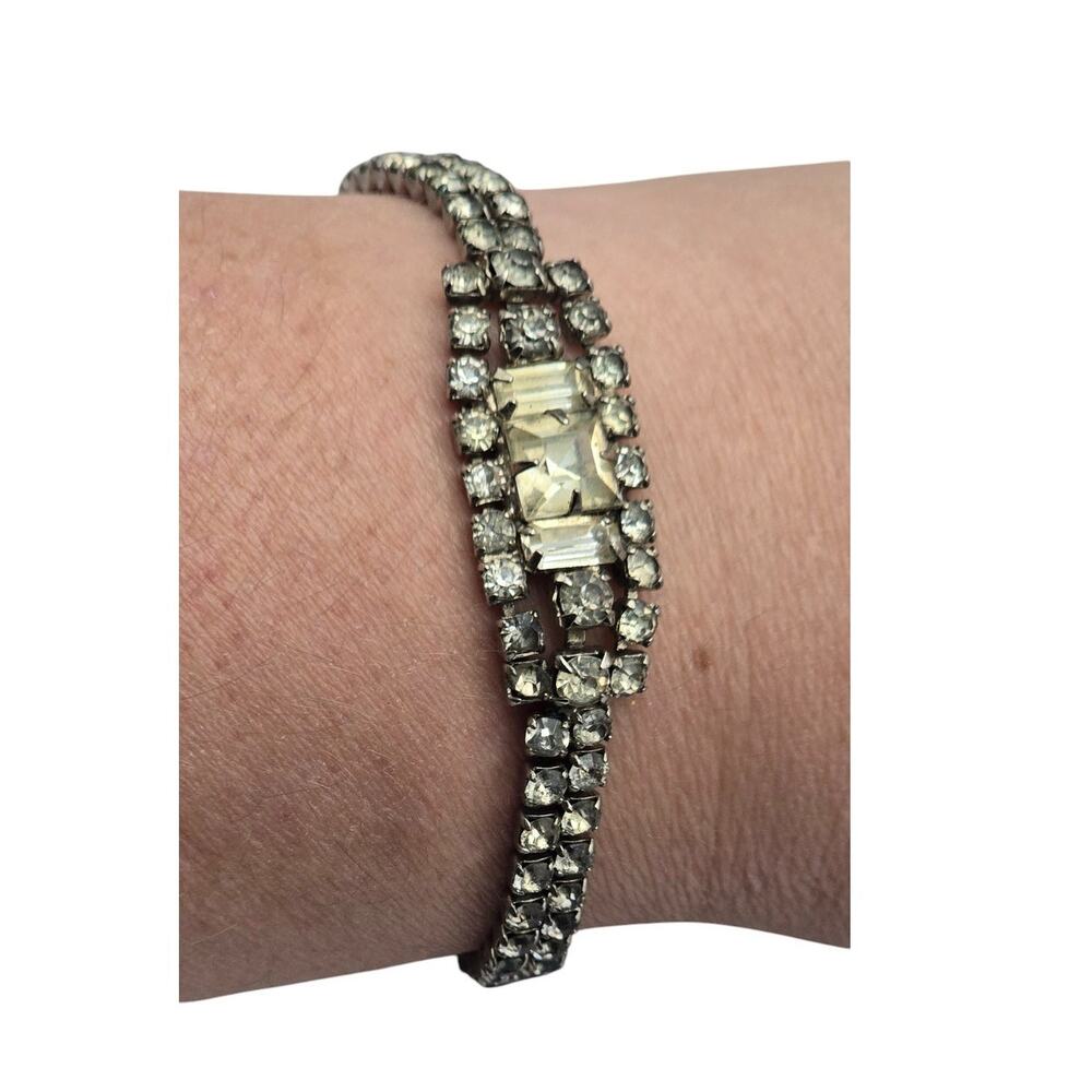 Double Row Rhinestone Tennis Bracelet Silver Tone – Vintage Glam Art Deco